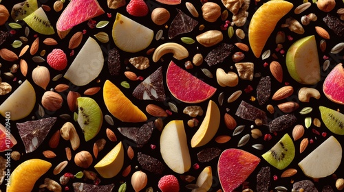 Vibrant Fruit and Nut Medley - A Colorful, Textured Foodscape on Dark Background.