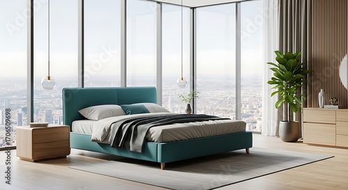 Luxurious teal upholstered bed frame with modern nightstand and dresser in a bright room