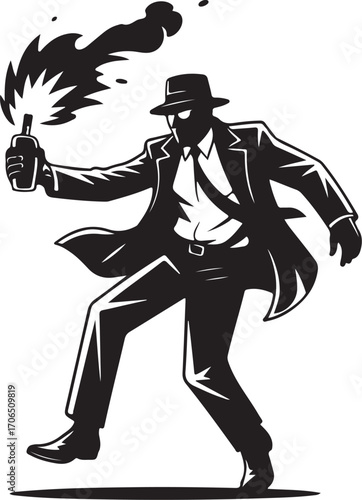 Gangster Man in Suit and Fedora Running with Molotov Cocktail on White Background vintage retro