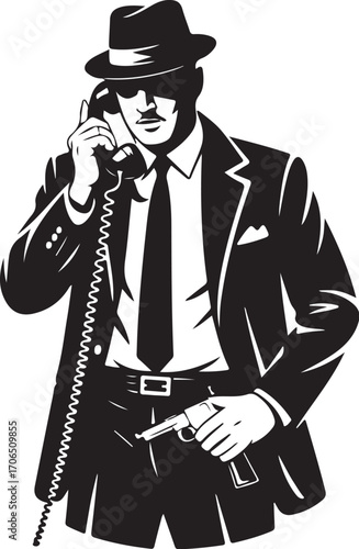 Gangster Man in Suit and Fedora Talking on Rotary Phone with Gun in Hand on White Background vintage