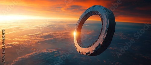 Futuristic ring spacecraft orbiting planet during sunset science fiction space exploration technology cosmic fantasy