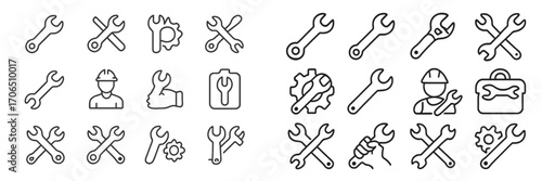 Collection of minimalist tool icons featuring wrenches and gears for use in various design projects
