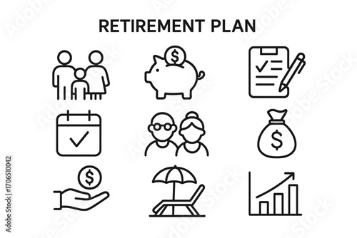 Visual guide for planning a retirement plan with key symbols and indicators for financial security and future well-being