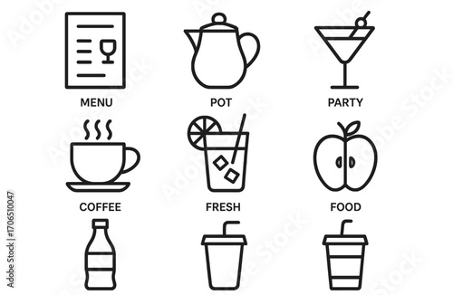 Creative collection of food and drink icons showcasing beverages, snacks, and dining items for casual gatherings or events