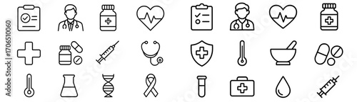 Health and medical icons represent various aspects of healthcare and wellness in a modern design