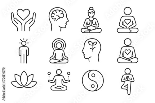 Icons representing mental wellness, meditation, and self-care practices for holistic well-being