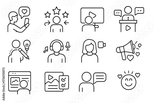 Creative expressions and communication activities displayed through various illustrative icons representing digital interactions