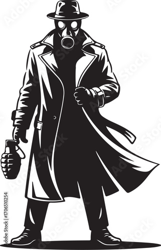 Silhouette of a man in a trench coat and gas mask holding a grenade vector illustration