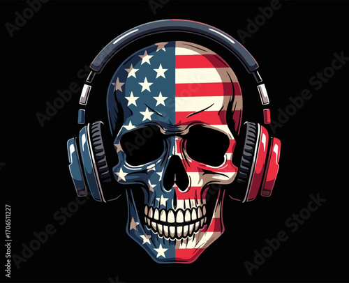 Vector t-shirt design with human skull of computer gamer with headphones
in usa flag color isolated on black background.
Fashionable american print for fabric, paper, men clothing, hoody.