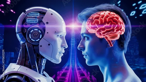 Futuristic concept of human versus artificial intelligence, symbolizing technological advancement