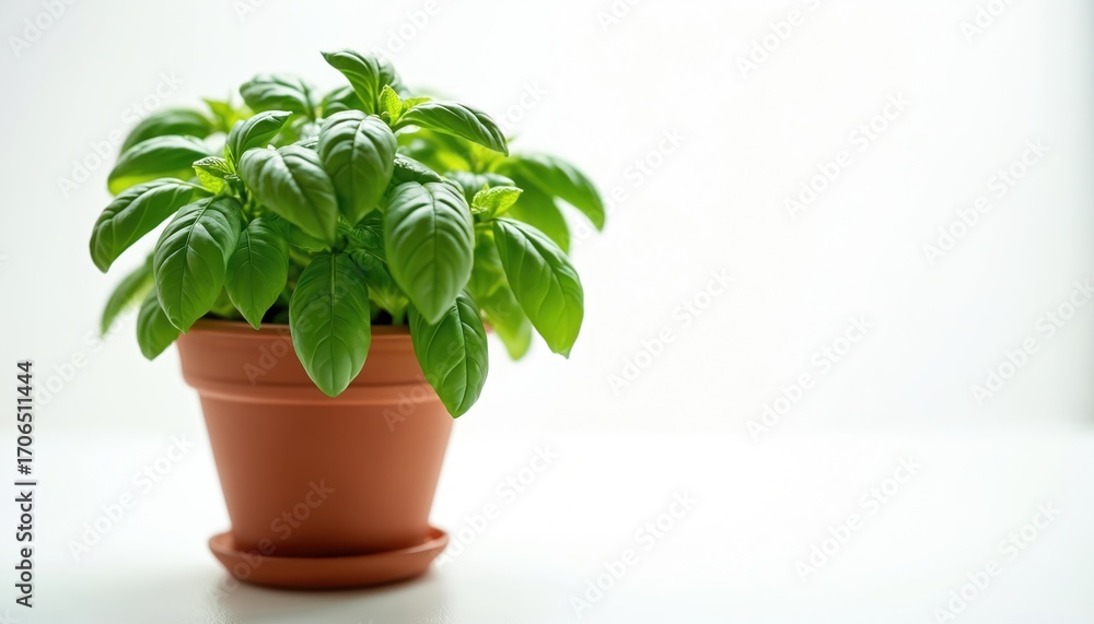 Obraz premium Small potted basil plant displays vibrant green leaves. Fresh herb grows in terracotta pot, ideal for culinary use home gardening. Organic ingredient for cooking, food preparation, healthy lifestyle.