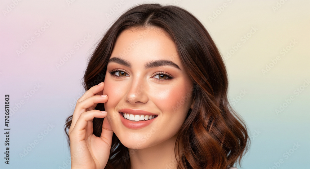 Fototapeta premium Ai generated image of portrait of a beautiful young woman with glowing skin smiling at the camera