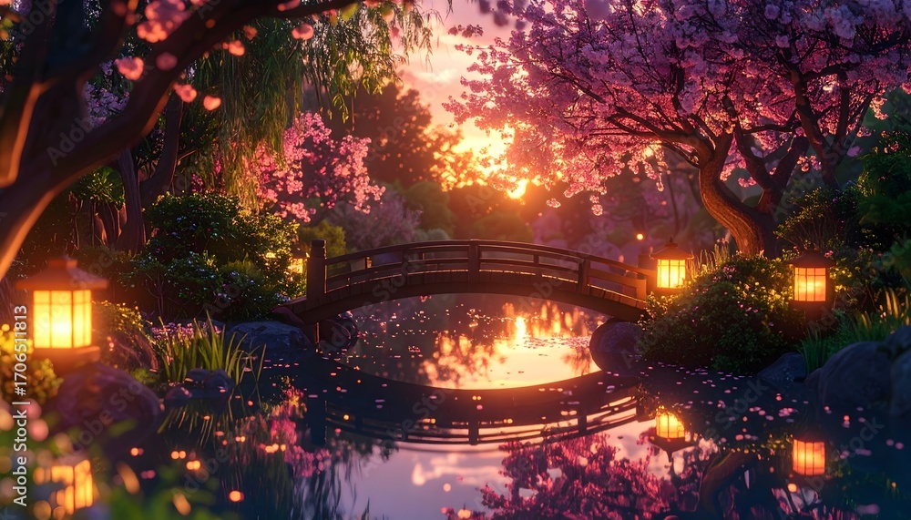Naklejka premium Ilustración anime de jardín japonés al atardecer con puente de madera sobre estanque reflejante, faroles encendidos y cerezos en flor creando una atmósfera mágica y romántica