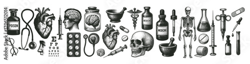 Engraved Vintage Vector Banner of Medical and Pharmacy Symbols – Human Heart, Skull, Anatomy, Bottles, Skeleton and Doctor Tools Illustration