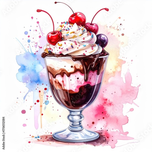 Whimsical Watercolor Ice Cream Sundae with Cherries and Sprinkles A Delicious Treat for the Senses