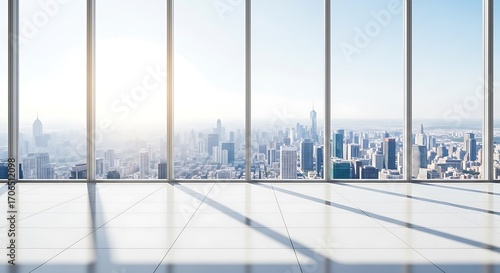 Modern office interior with city skyline view through large windows