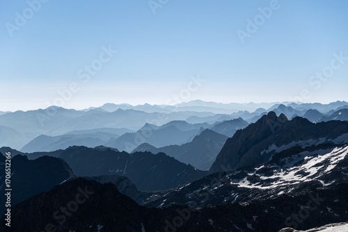 Rolling peaks of the Pyrenees. From black to blue, until the sky