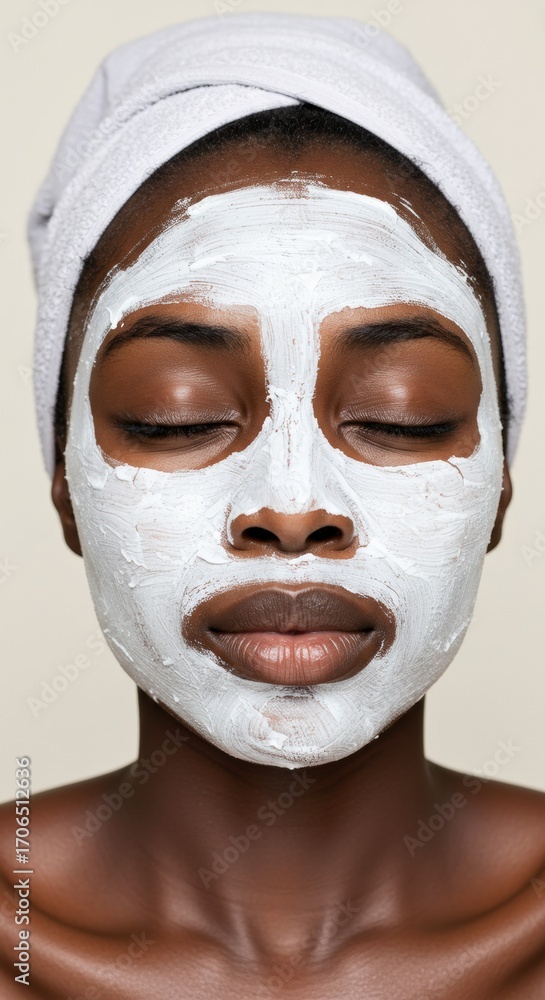 Fototapeta premium A woman with a white cosmetic mask applied, symbolizing skincare, relaxation, and beauty care. Perfect for spa, wellness, and self-care concepts.