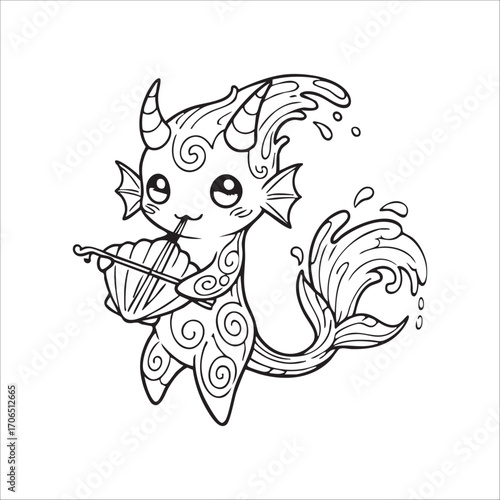 Vector art of cute water demon playing seashell cello vector