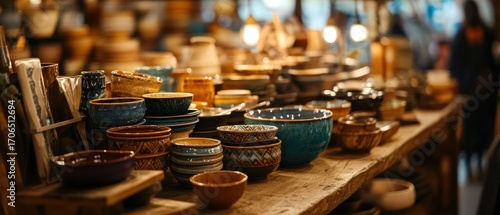 Rustic ceramic bowls and cups collection on wooden table