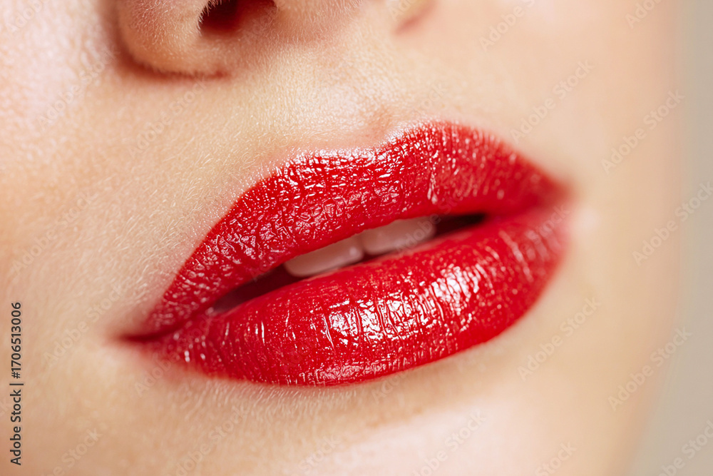 Fototapeta premium Vibrant red lips, close-up, glossy finish, sensual woman's mouth, perfect makeup, beauty portrait, fashion and cosmetic concept, skincare, glamorous, luscious, feminine expression, studio shot, all