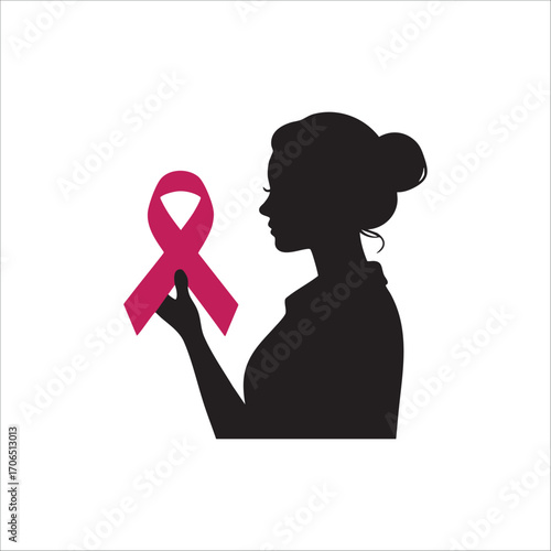 Vector art of silhouette of woman holding breast cancer awareness ribbon