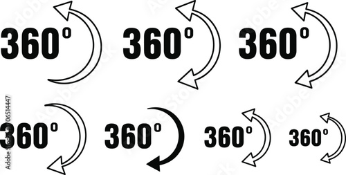 360 degree rotation icons vector illustration, full circle arrow symbol set, complete turn design, spin and rotate graphic, circular motion clipart
