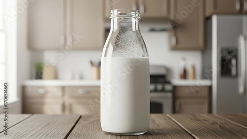 A glass bottle of milk with condensation on a wooden table in a blurred kitchen background