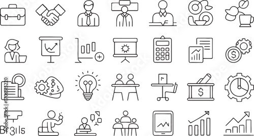 Business office icons handshake briefcase charts graphs people and objects vector