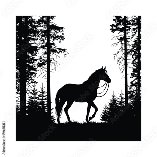 Vector art of silhouette of a horse in a forest