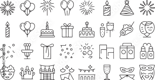 Celebration icons fireworks balloons cake gifts party hats champagne masks festival