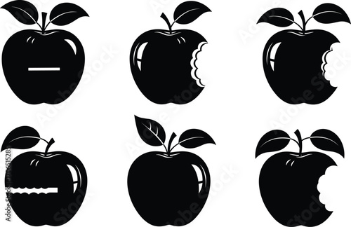 Apple silhouettes with bite variations vector illustration, fruit icon set, whole and bitten apple design, food and nutrition graphic clipart