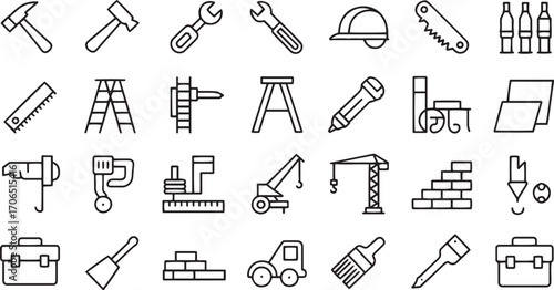 Construction tools and equipment line art icons hammer wrench