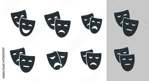 A collection of black silhouette icons depicting theatrical comedy and tragedy masks with various expressions.
