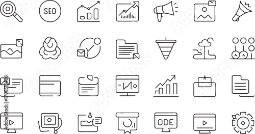 Digital marketing icons magnifying glass chart graph megaphone image cloud data analysis search engine optimization