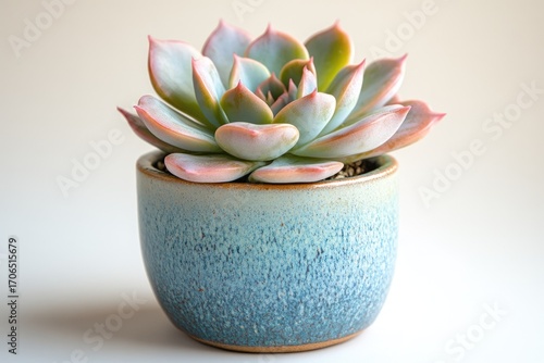A vibrant succulent plant, with pinkish-blue leaves, sits in a rustic blue ceramic pot.