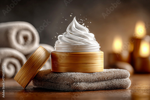 Luxurious white cream in natural bamboo jar, fluffy towels, serene spa background with warm light, elegant beauty product for skincare, wellness, healthy, natural, organic, relaxation