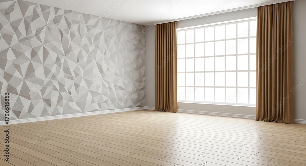 Obraz premium Modern interior design featuring textured wall and large window with curtains