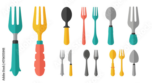 A colorful collection of assorted eating utensils. Vector set of forks, spoons, and a knife with vibrant plastic and ergonomic handles for kids and adults.