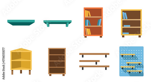 A colorful collection of cartoon wooden bookcases, floating wall shelves, and storage units in a flat vector style.