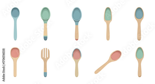 A colorful collection of modern flat design spoons and a fork with light wooden handles.