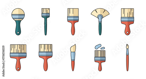 A colorful collection of ten assorted paintbrushes in a hand-drawn, cartoon doodle illustration style.