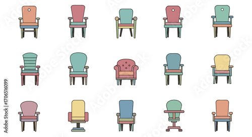 A colorful collection of various chair and armchair illustrations in a flat line art style, showcasing diverse furniture designs with bold outlines.