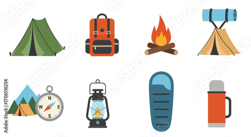 A colorful flat vector icon set of camping and outdoor adventure equipment, including a tent, backpack, campfire, and compass.