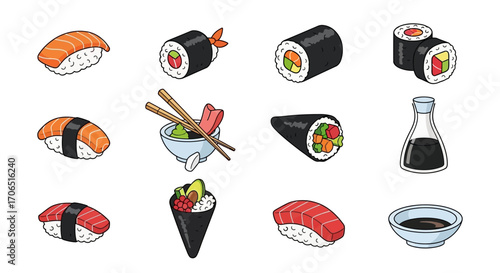 A colorful, hand-drawn collection of various Japanese sushi, including nigiri, maki rolls, temaki, and soy sauce.