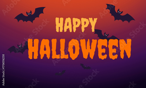 Vector banner for a happy Halloween with black bats in the background and bright orange lettering. Card template with a purple background in a classic holiday style