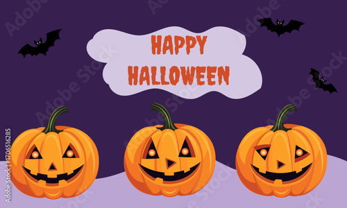 Happy Halloween template with bats, glowing jack-o-lanterns on dark purple background. Spooky holiday celebration design with text. Vector illustration, pumpkin