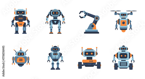 A diverse collection of eight modern flat design robot characters, including humanoids, a drone, and an industrial arm.