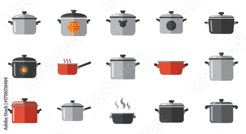 A diverse collection of flat vector icons showing kitchen pots, pans, and saucepans.