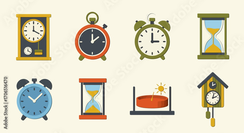 A diverse collection of illustrated timepieces - cuckoo clock, hourglass, sundial, and alarm clocks.